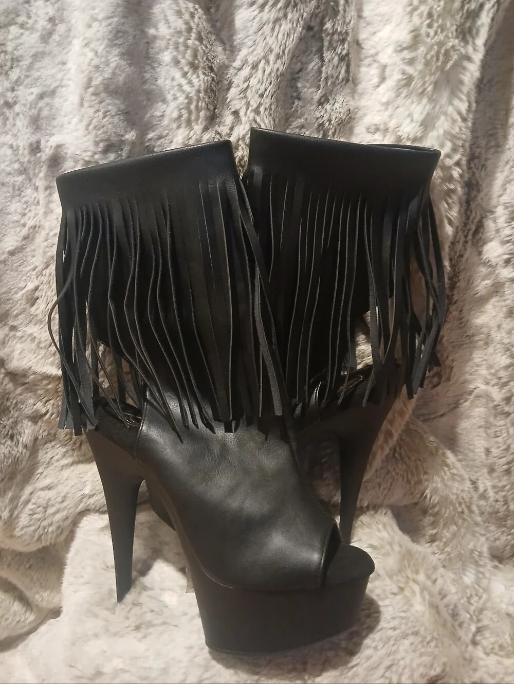 Pleaser Black Fringe Platform Peep-Toe Heels